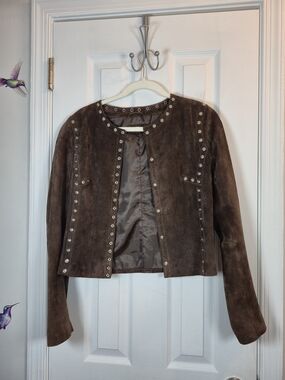 CACHÉ Vintage Genuine Suede Studded Moto Jacket Brown Leather Small Boho Western